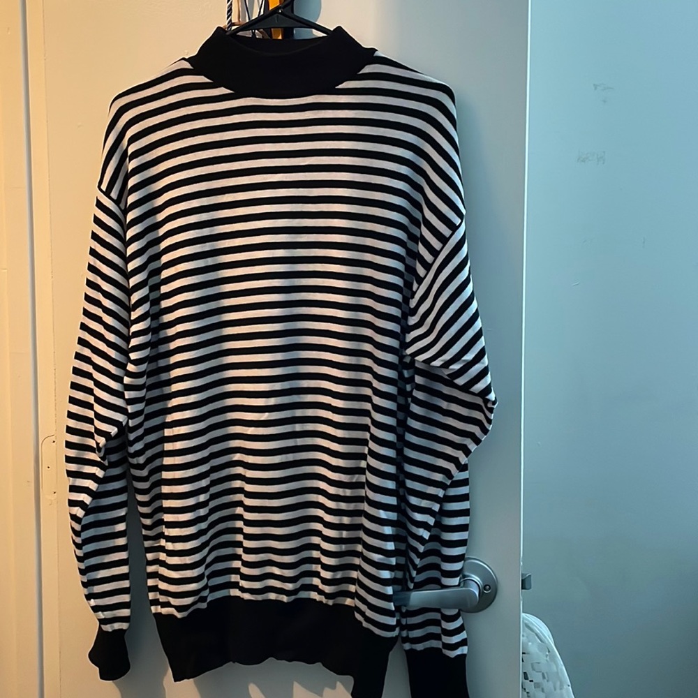 Neiman Marcus turtleneck sweater with black and white striped design. Size:XXL